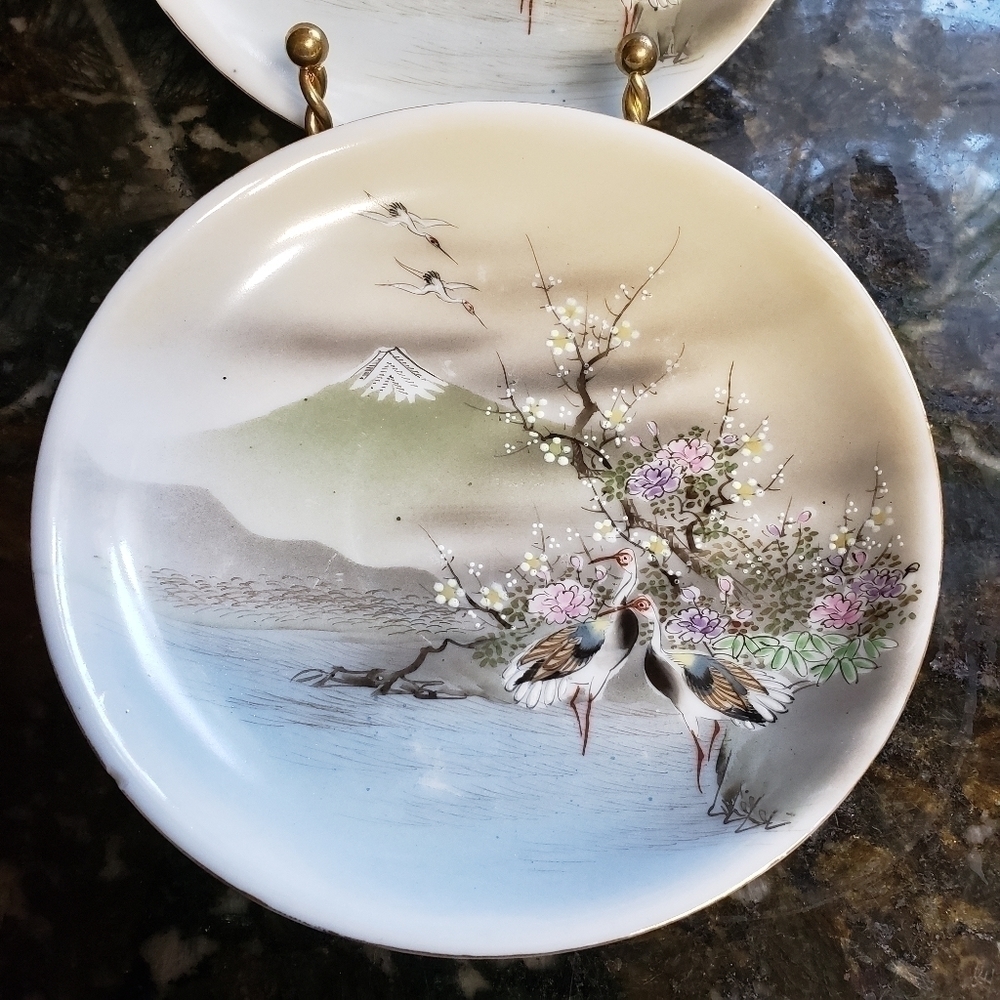 vintage Japanese Saucer Set Hand Painted Birds Cherry Blossom Moriage - Picture 5 of 8